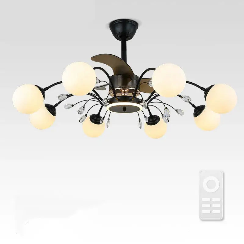 Black branch ceiling fan with globe lights and crystals bedroom