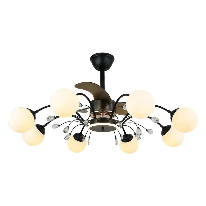 Black branch ceiling fan with globe lights and crystals bedroom