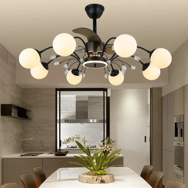 Black branch ceiling fan with globe lights and crystals bedroom