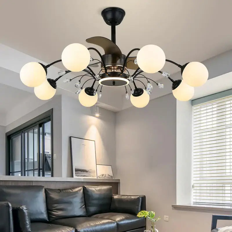 Black branch ceiling fan with globe lights and crystals bedroom
