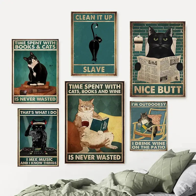 Vintage teal and gold black cat music poster living room wall art