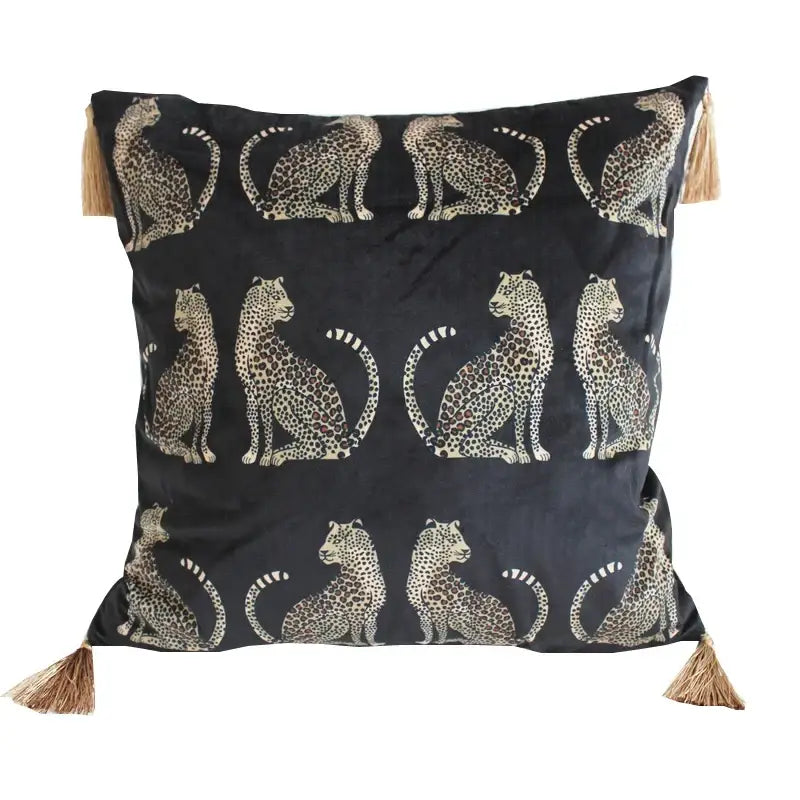 Black & gold leopard print throw pillow cover living room tassels