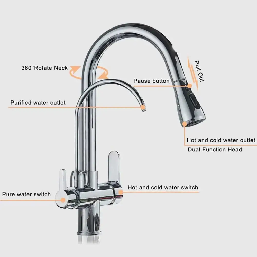 Black & golden pull out filter kitchen faucet with water filter