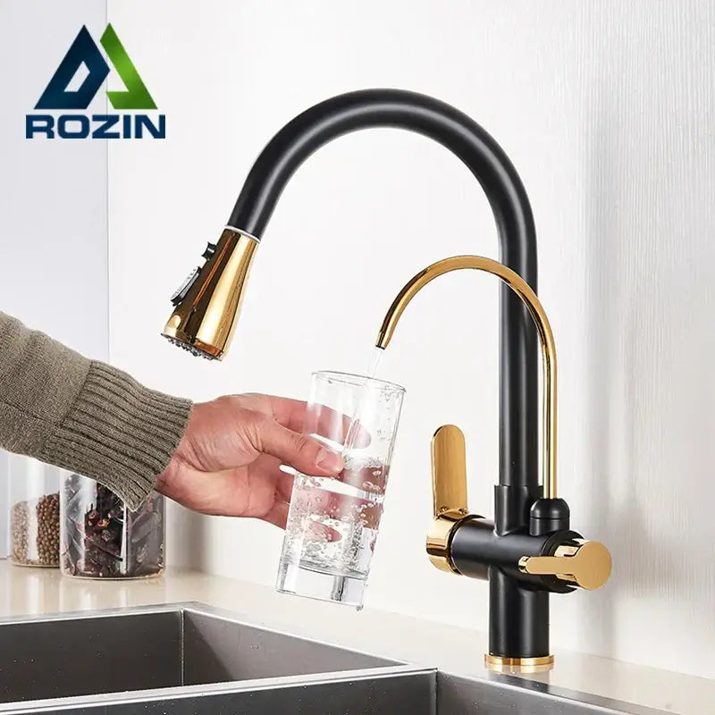 Black & golden pull out filter kitchen faucet with water filter