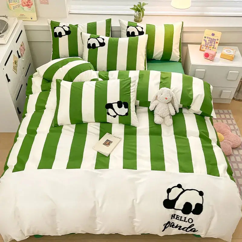 Black & gray cat embroidery stripes bedding set – bedroom bedclothes