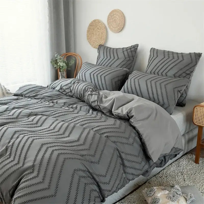 Black & gray zigzag stripe flower cut duvet cover bedroom set