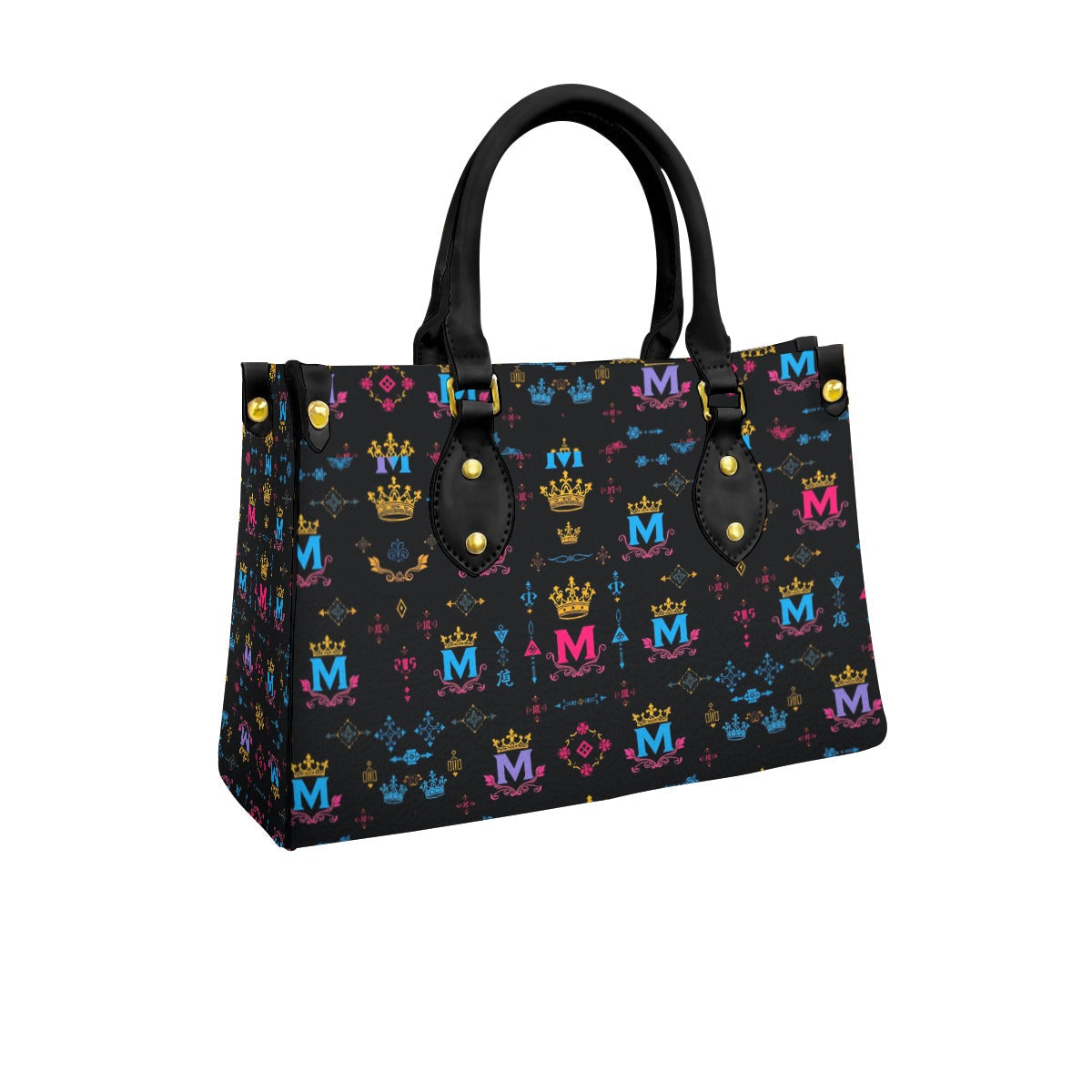 Munsieur Black Handle Women's Handbag with Crown Print