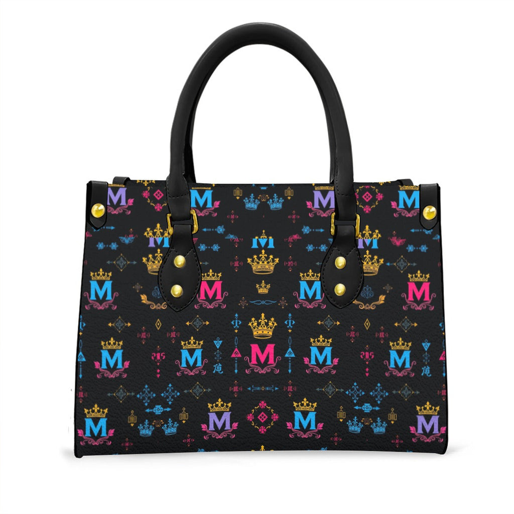 Munsieur Black Handle Women's Handbag with Crown Print