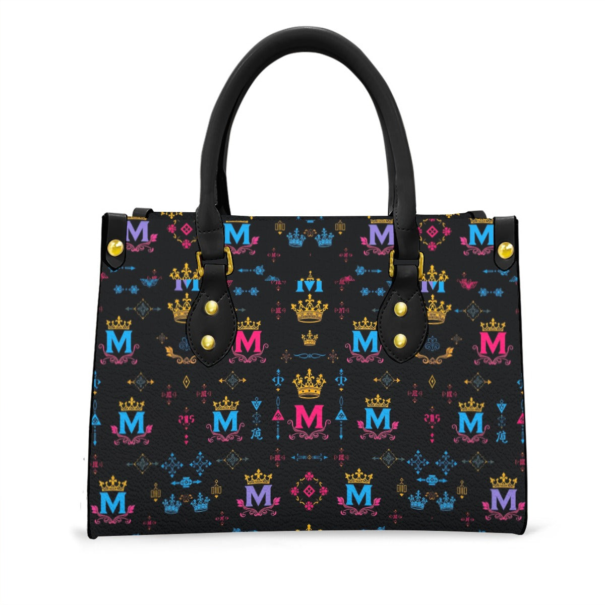Munsieur Black Handle Women's Handbag with Crown Print