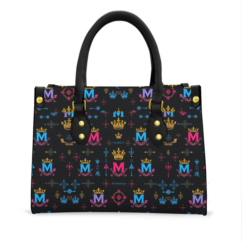 Munsieur Black Handle Women's Handbag with Crown Print