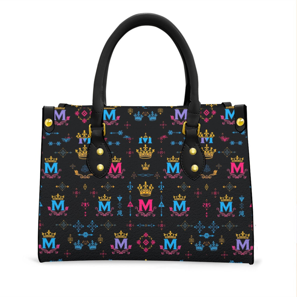Munsieur Black Handle Women's Handbag with Crown Print