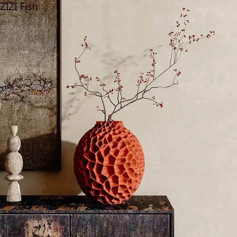 Black honeycomb texture ceramic vase living room artificial flower arrangement
