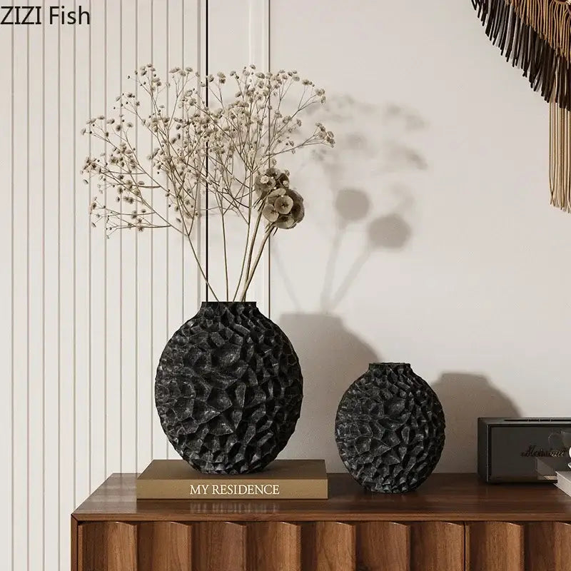 Black honeycomb texture ceramic vase living room artificial flower arrangement