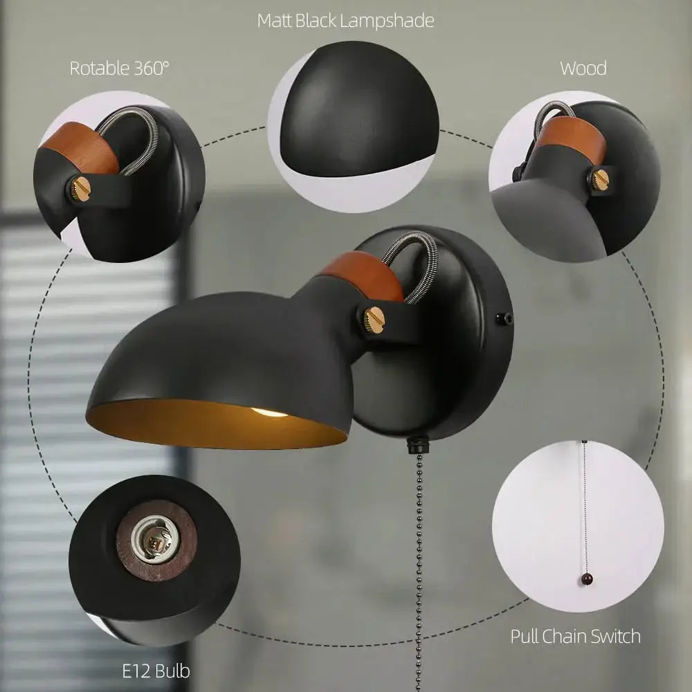 Black matte led wall sconce with wood pull chain bedroom light