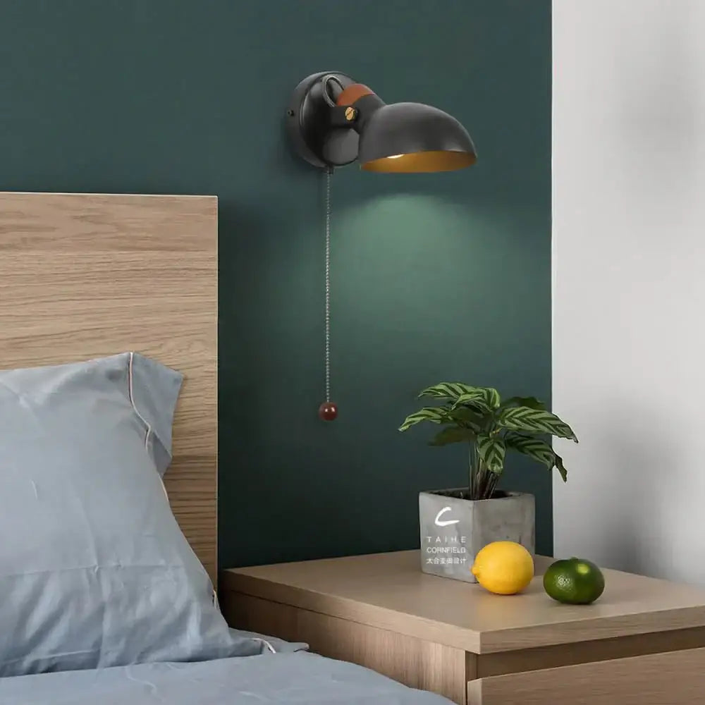 Black matte led wall sconce with wood pull chain bedroom light