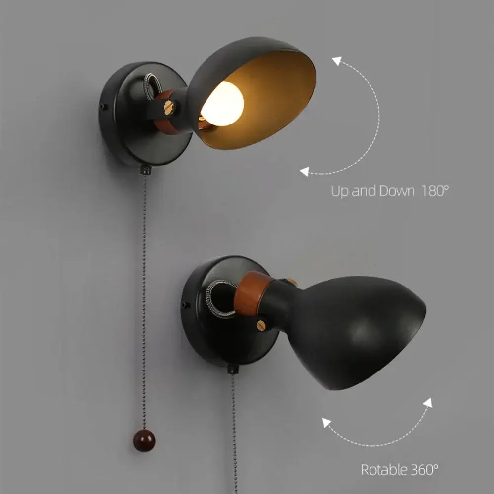 Black matte led wall sconce with wood pull chain bedroom light