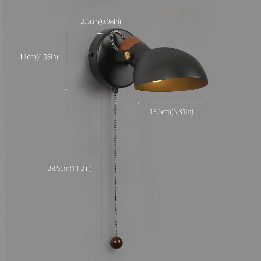 Black matte led wall sconce with wood pull chain bedroom light