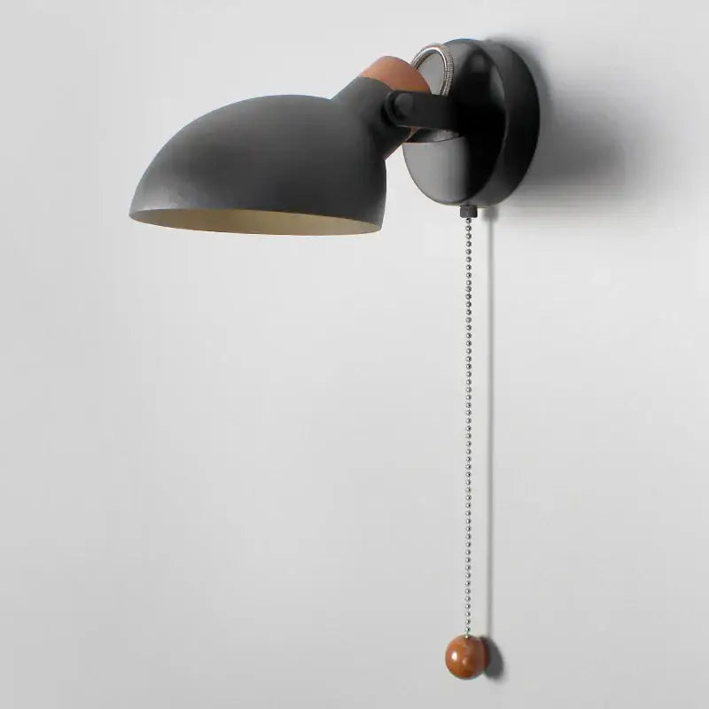 Black matte led wall sconce with wood pull chain bedroom light