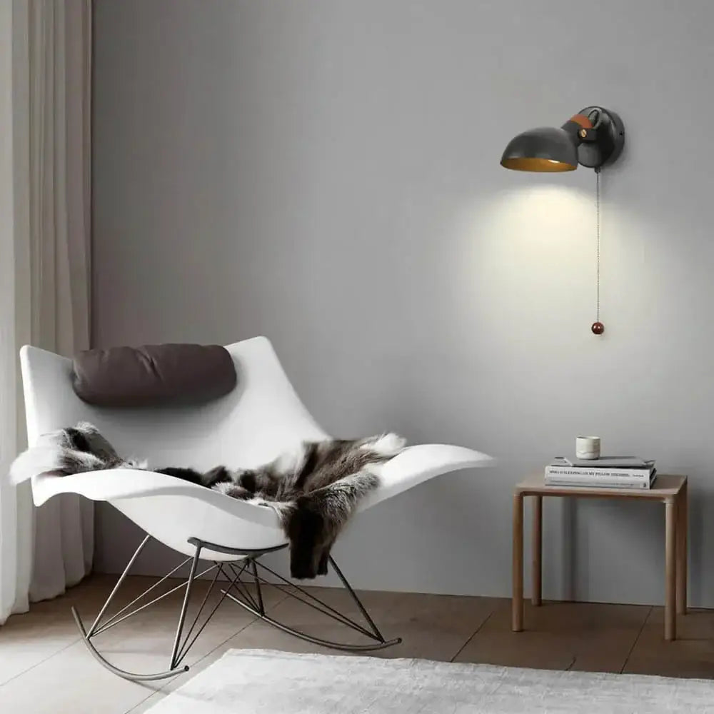 Black matte led wall sconce with wood pull chain bedroom light