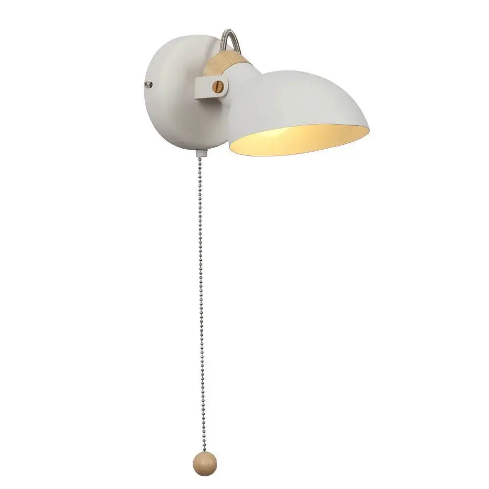 Black matte led wall sconce with wood pull chain bedroom light