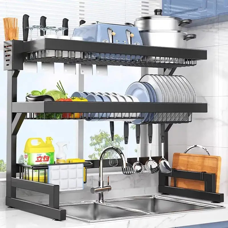 Black metal 2-tier dish drying rack with utensil holder kitchen storage
