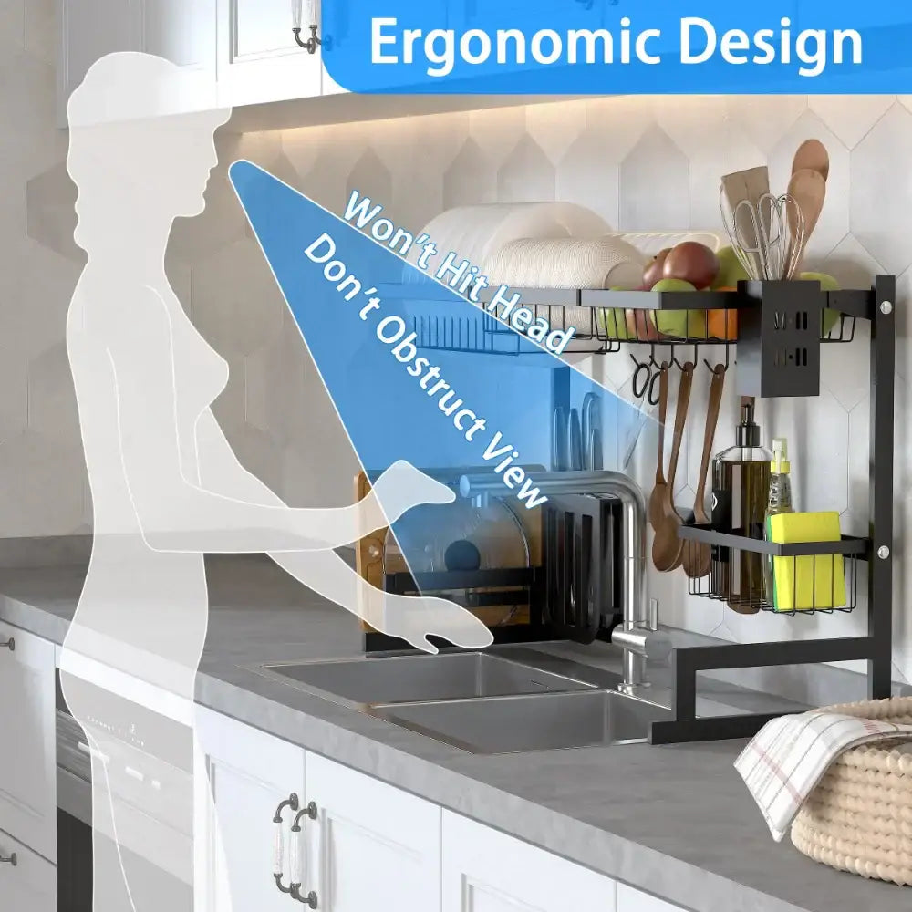 Black metal 2-tier dish drying rack with utensil holder kitchen storage