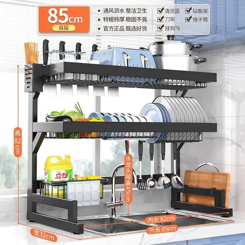 Black metal 2-tier dish drying rack with utensil holder kitchen storage