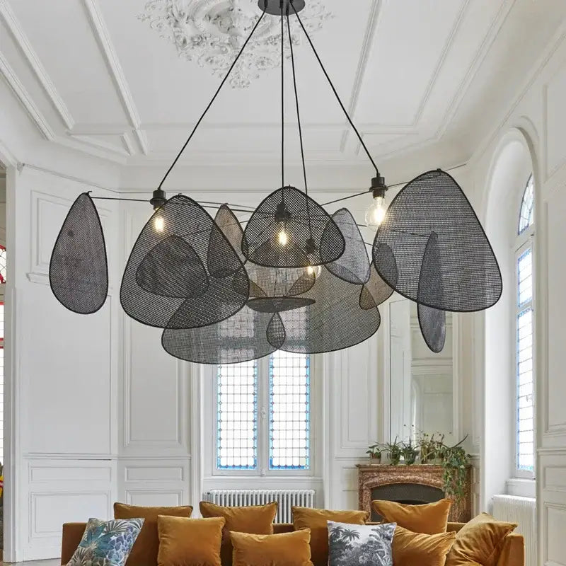 Black rattan ceiling chandelier – dining room mesh pendant light