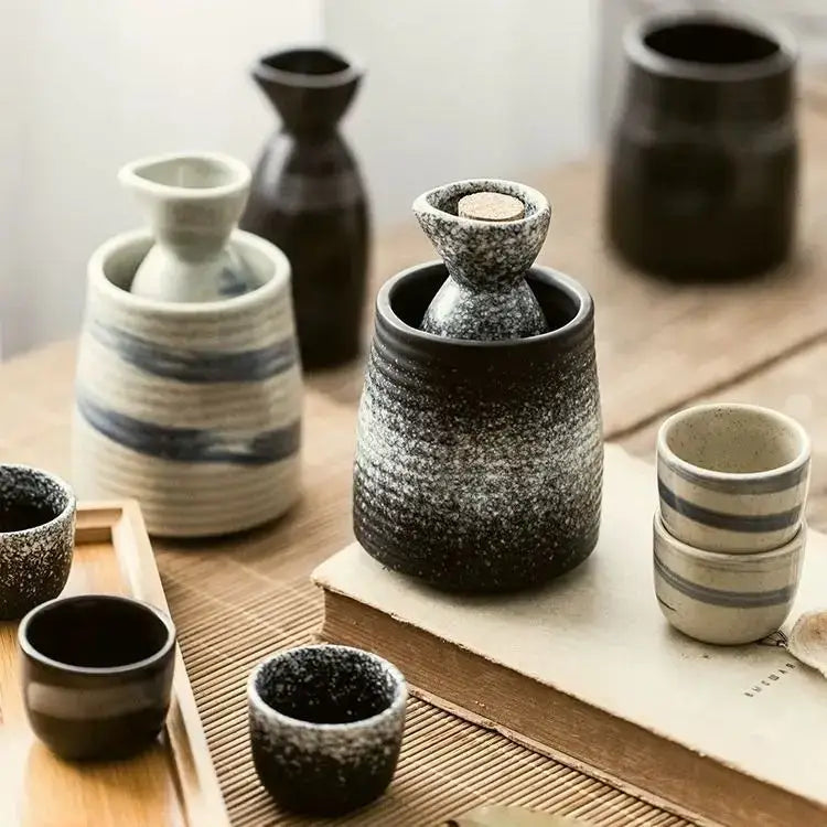 Black speckled ceramic wine sake set with heater for dining room