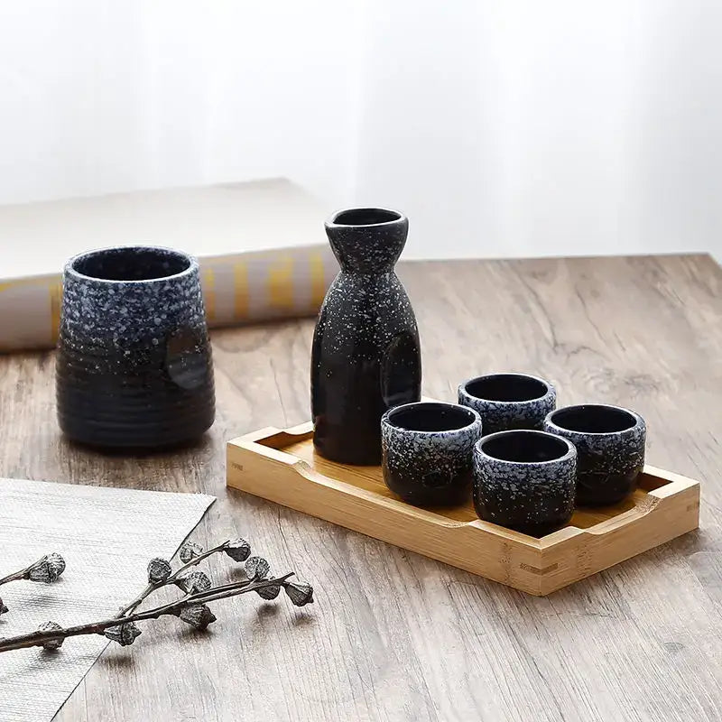 Black speckled ceramic wine sake set with heater for dining room