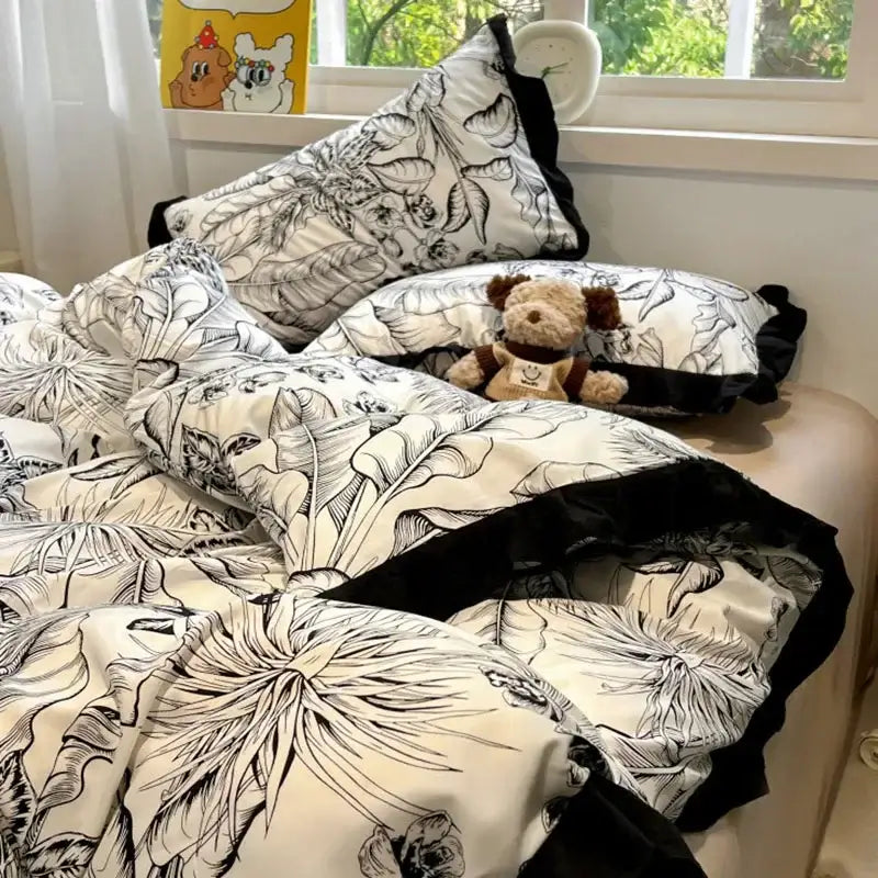 Black white printed floral ruffled bedding set bedroom linens
