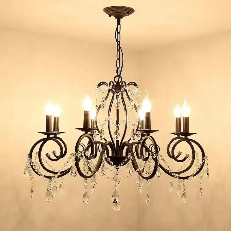 Black wrought iron crystal candle chandelier for living room lighting
