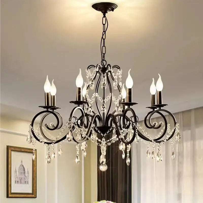Black wrought iron crystal candle chandelier for living room lighting