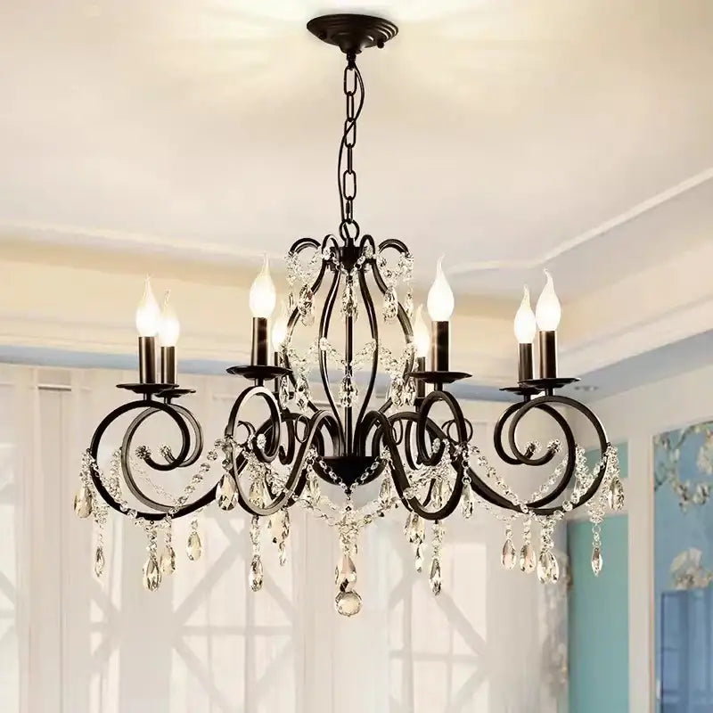 Black wrought iron crystal candle chandelier for living room lighting
