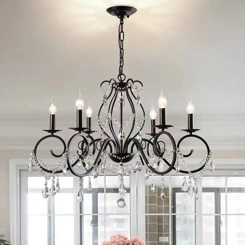 Black wrought iron crystal candle chandelier for living room lighting