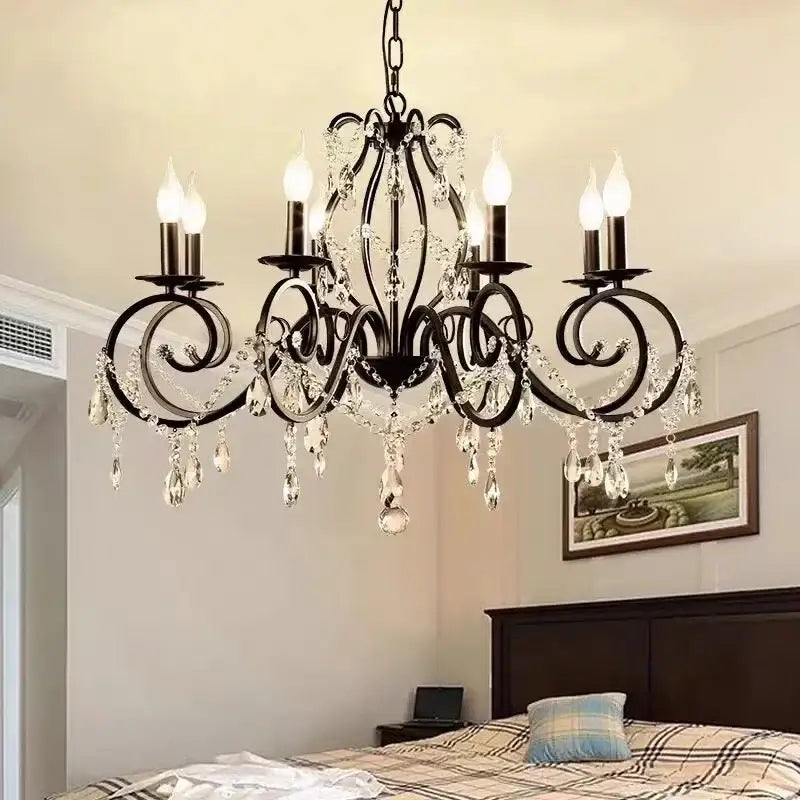 Black wrought iron crystal candle chandelier for living room lighting