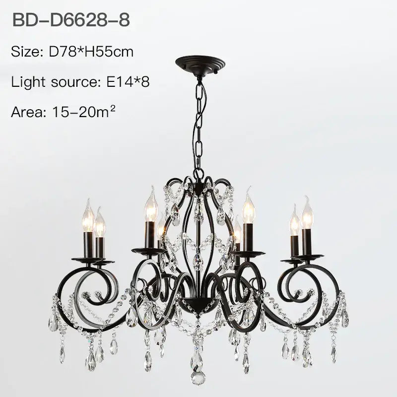Black wrought iron crystal candle chandelier for living room lighting