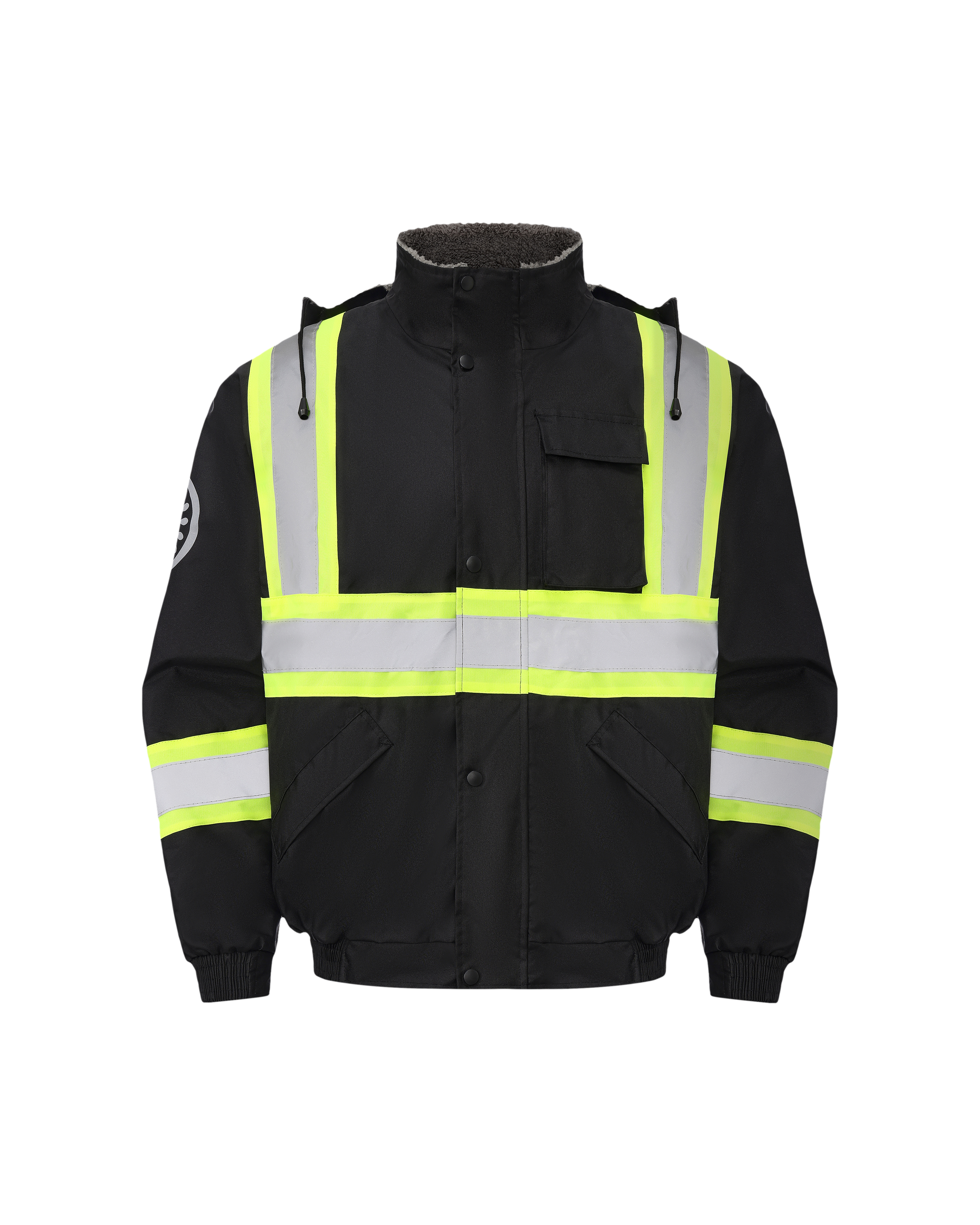 Kiwi High Visibility Hooded & Sherpa Lined ANSI/ISEA 107-2020 Reflector Contrast Trimmed Water Resistant Black Safety Jacket [R71200]