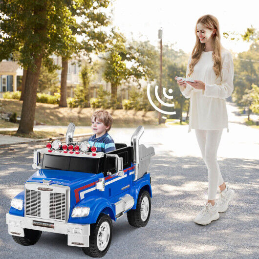Blue 12V Licensed Freightliner Kids Ride On Truck with Dump Box and Lights