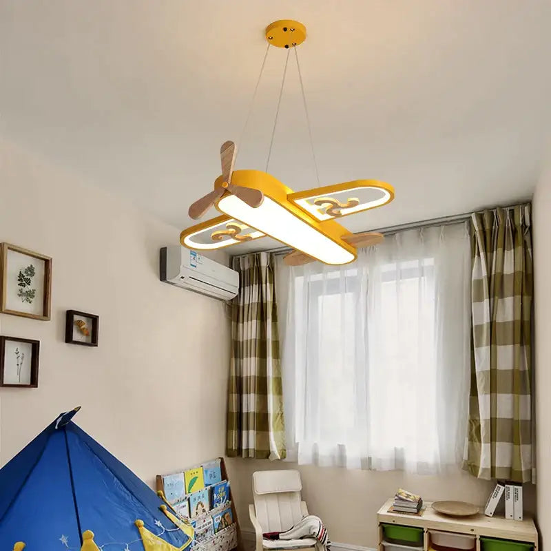 Blue airplane led wood ceiling light for kids bedroom