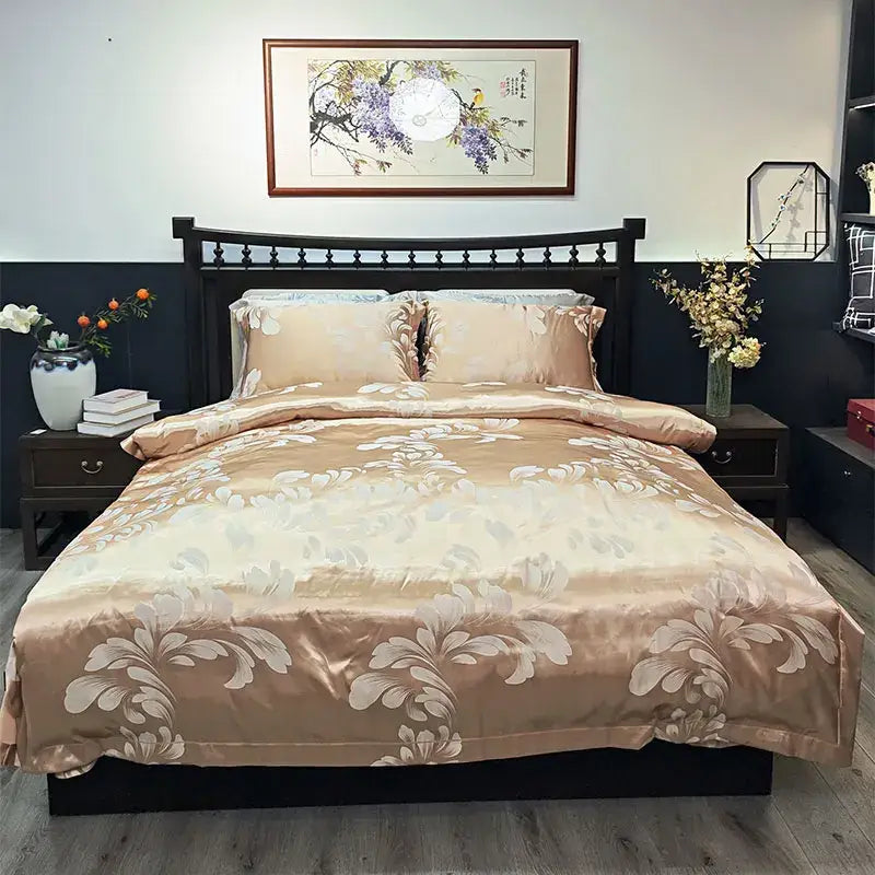 Blue floral satin jacquard duvet cover set bedroom bedding