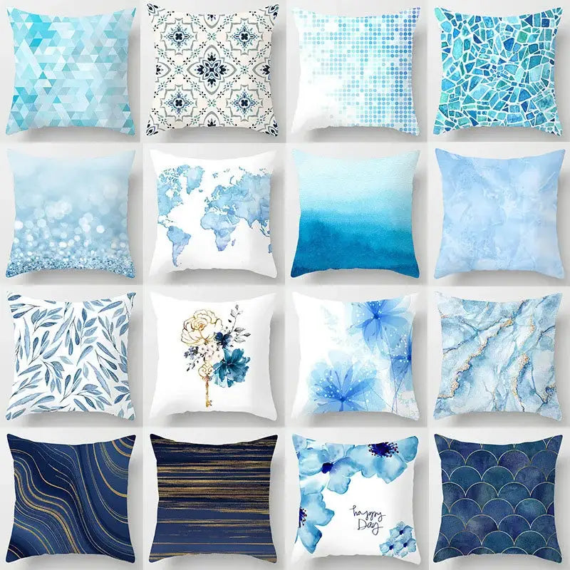 Blue geometric marble throw pillows for living room decor