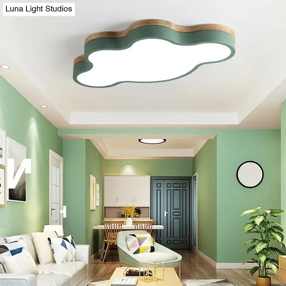 Blue & natural wood cloud flush mount ceiling lamp for kids bedroom