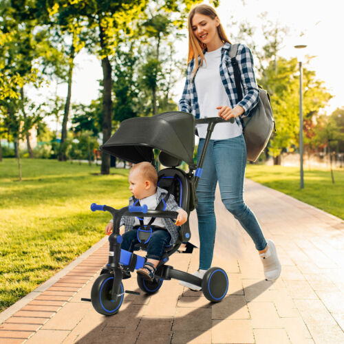 Blue Qaba Toddler Tricycle with Adjustable Aluminum Frame and Push Handle