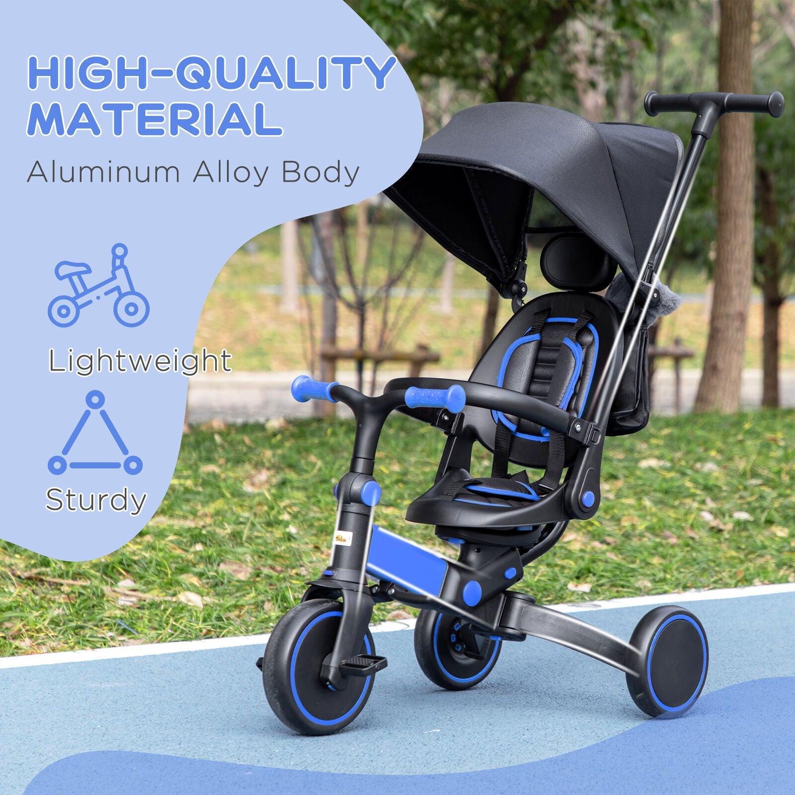 Blue Qaba Toddler Tricycle with Adjustable Aluminum Frame and Push Handle