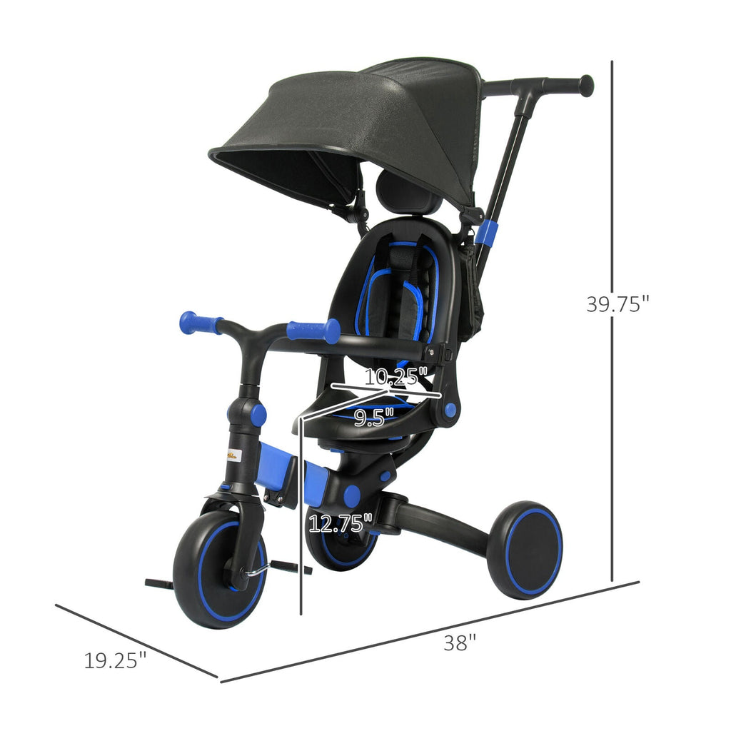 Blue Qaba Toddler Tricycle with Adjustable Push Handle and Durable Aluminum Frame