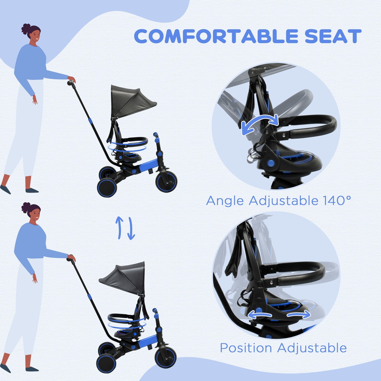 Blue Qaba Toddler Tricycle with Adjustable Push Handle and Durable Aluminum Frame
