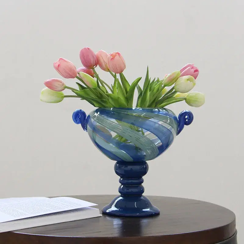 Blue striped transparent glass vase set – living room flower pot