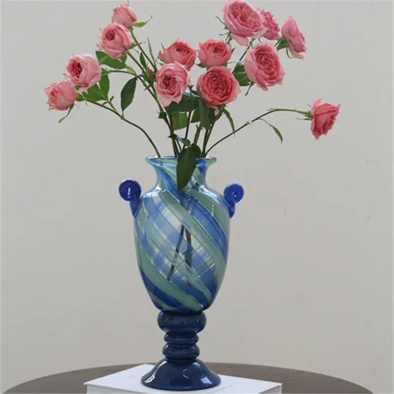 Blue striped transparent glass vase set – living room flower pot