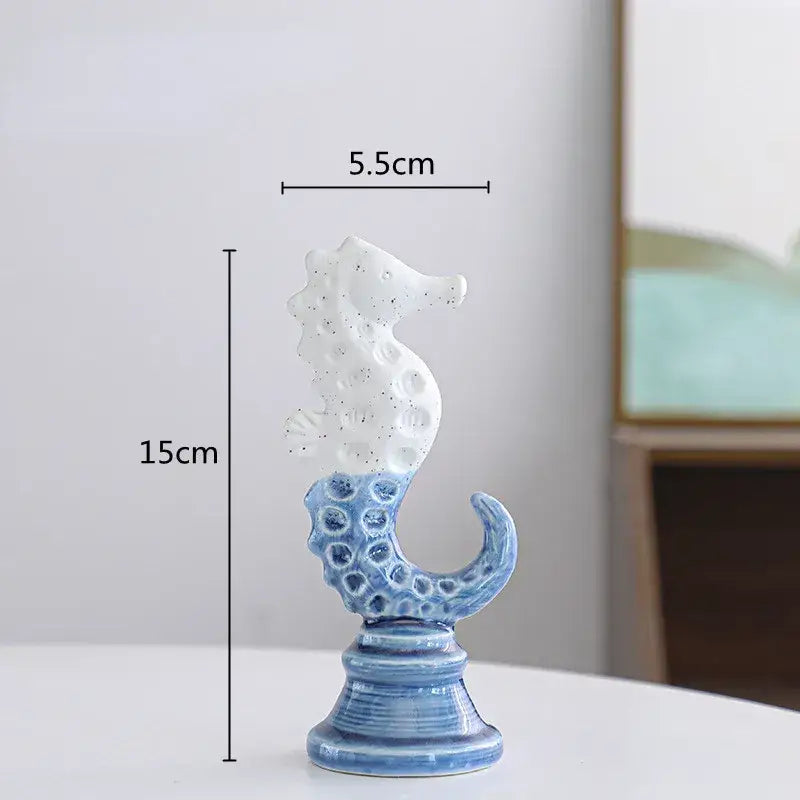 Blue & white cartoon seahorse ceramic statue living room decor